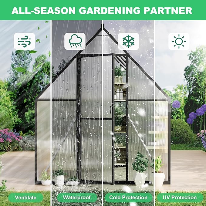 Polycarbonate Greenhouse for Outdoors, Large Walk-InGreenhouse with Quick Setup Structure and Roof Vent, Greenhouse with Ventilation