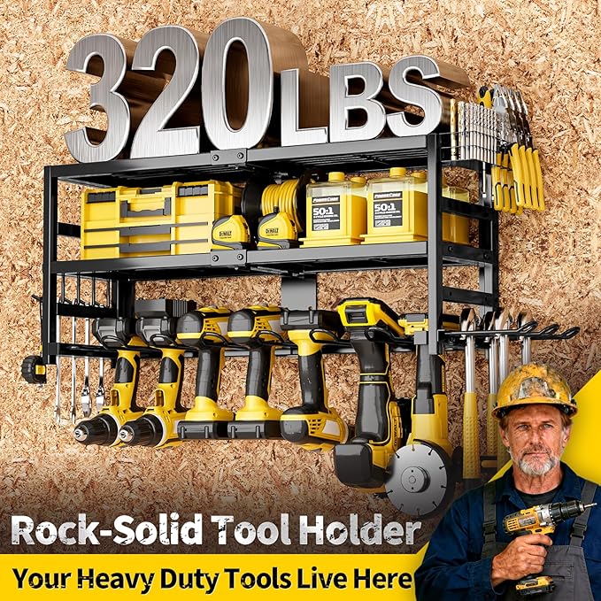 Power Tool Organizer Wall Mount Heavy Duty 320 lbs, 3-Tier Rack with 9 Drill Holders & Battery Storage for Garage, Workshop & Tool Room，Gifts for Men Who Have Everything
