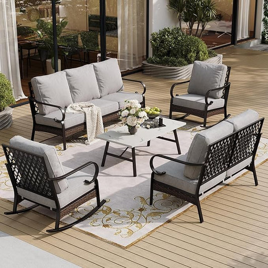 5 Piece Metal Outdoor Patio Furniture Set, Patio Conversation Sets 3-Seater Sofa, 2-Seater Sofa, 2 Rocking Sofa with 5.75" Cushion & Coffee Table Black Backyard Furniture, Light Gray