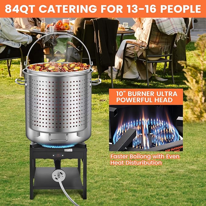 ARC 84QT Stainless Steel Seafood Boiling Kit with Strainer and 200,000BTU Propane Stove, Crab Crawfish Boil Pot and Burner for Outdoors Cooking and Steaming, Large Stockpot, Non-Assembly