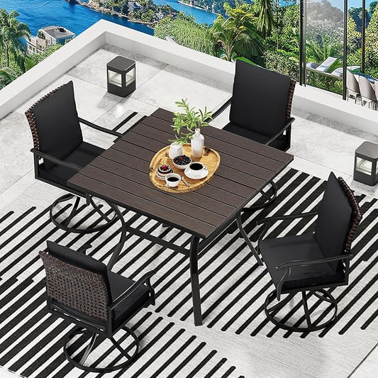 LEVELEVE 5 Piece Outdoor Patio Dining Set with 4 Swivel Dining Chairs & 1 Large Square Dining Table,Bistro Furniture Set for Lawn, Garden, Deck, Backyard and Porch