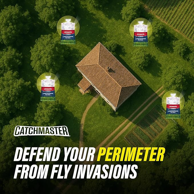 Catchmaster Pro Series Disposable Fly Bag 4-Pack, Hanging Fly Trap Outdoor Home, Bug Catcher and Flying Insect Trap with Premium Food Lure, Pest Control XL Bag for Backyard, Pool, Patio & Camping