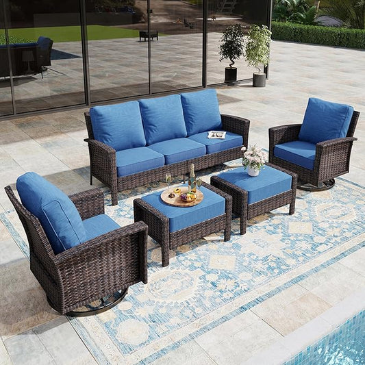 5-Piece Wicker Patio Furniture Set with Swivel Chairs, High Back Outdoor Furniture with 5.5-inch Thick Cushion and Ottoman, All-Weather Wicker Patio Conversation Set for Deck Lawn, Navy Blue