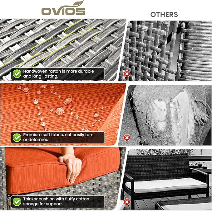 ovios 8 Pieces Patio Furniture Set, Outdoor Wicker Sofa Couch with Rocking Swivel Chairs Solar Lights Table, Modern Deep Seat Rattan Conversation Sets for Porch Deck, Orange Red