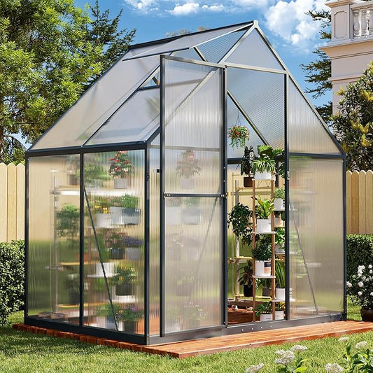 Aoxun 4x6 FT Outdoor Greenhouse,Sturdy Aluminum Frame, Polycarbonate Panels, Roof Vent, Ground Nails, Lockable Door,Quick Setup for Garden and Backyard, Black