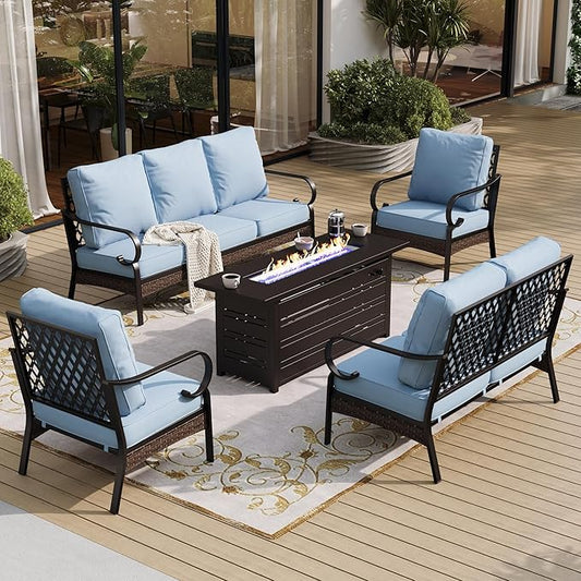 5 Piece Black Metal Outdoor Patio Furniture Sets with Firepit Table, Patio Conversation Sets 1 3-Seater Sofa, 1 2-Seater Sofa, 2 Single Sofa with 5.75" Cushion for Backyard Deck, Blue