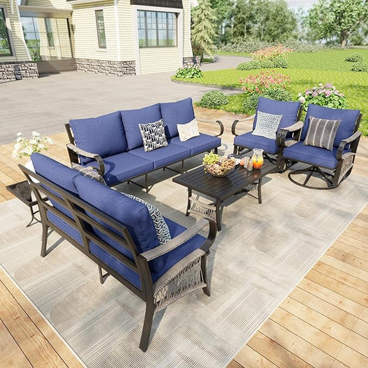 6 Pieces Modern Patio Furniture Set, All Weather Metal Outdoor Conversation Sets with 5.1" Extra Thick Cushion for Backyard Garden Deck Porch Poolside, Blue