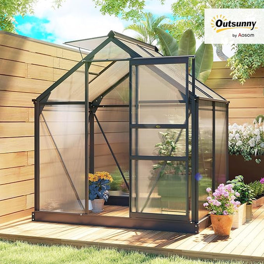 Outsunny 6' x 4' Greenhouse for Outdoors, Polycarbonate Greenhouse with Rain Gutter and Roof Vent, Aluminum Walk-in Green Houses for Outside for Patio Backyard Garden, Gray
