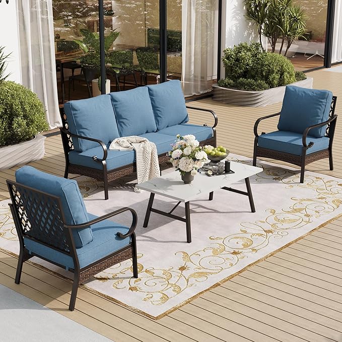 4 Piece Metal Outdoor Patio Furniture Set, Patio Conversation Sets 1 3-Seater Sofa, 2 Chairs with 5.75" Extra Thick Cushion and Coffee Table, Black Frame Backyard Furniture, Denim Blue