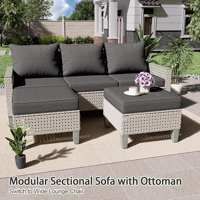 Outdoor Patio Furniture Set 7-Piece Modular Wicker Sectional Sofa with Ottomans and Thick Cushions, Modern Rattan Outdoor Conversation Couch for Garden Backyard, Black
