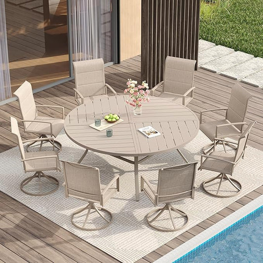 VICLLAX Round Patio Table with Adjustable Umbrella Hole for 8, All Weather Metal Outdoor Dining Table for Lawn Garden, 59.8" Outdoor Coffee Table, Cream Color Frame