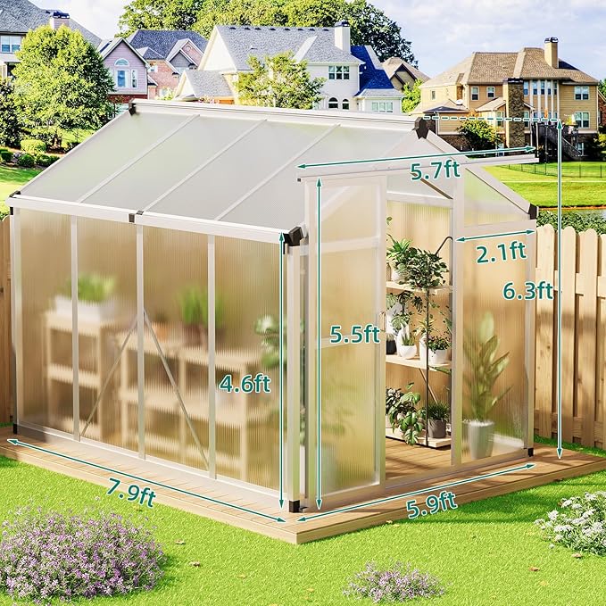 6x8 FT Greenhouse - Large Aluminum Greenhouses for Outdoors, Heavy Duty Polycarbonate Greenhouse with Roof Vent&Ground Nails, Walk-in Green Houses for Garden, Backyard, Patio, Easy Assembly