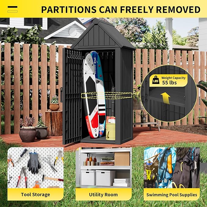 Fancyango Outdoor Resin Storage Shed, Upgrade Sturdy Storage Cabinet with Removable Shelves and Lock Ring, Reinforced Floor, All-Weather Construction for Garden Patio Lawn (Black)