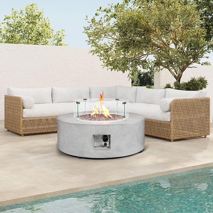 36inch Round Concrete Fire Pit Table with Glass Wind Guard Propane 50,000 BTU Outdoor Fire Table Modern Firepit CSA Certification Gas Firepits with Steel Lid, Rain Cover for Backyard, Deck