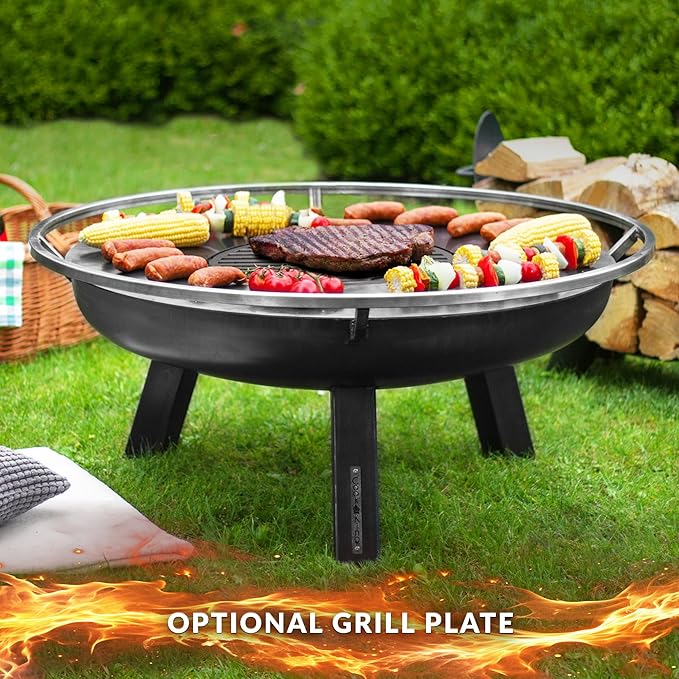 Ember 32" Handcrafted Cooking Steel Fire Pit with Cover Lid Attachment for Wood Burning Fireplace for Backyard Grilling Campfire for Camping, Large Outdoor Steel Firepit by Good Directions