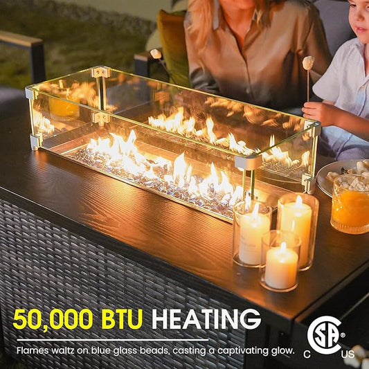Sundale Outdoor 52 Inch Outdoor Fire Pit Table, 50,000 BTU Propane Fire Pits with Storage Shelf, Glass Wind Guard and Lid, Wicker Patio Gas Fire Pit for Outside Patio and Garden, CSA-Listed(Brown)