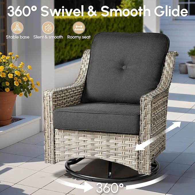 5 Pieces Patio Outdoor Furniture Set with Swivel Rocking Chairs,All Weather Wicker Rattan Patio Seating Sofa and Chair Set w/Glowing Table,Outdoor Conversation Sets for Deck Yard Garden,Black