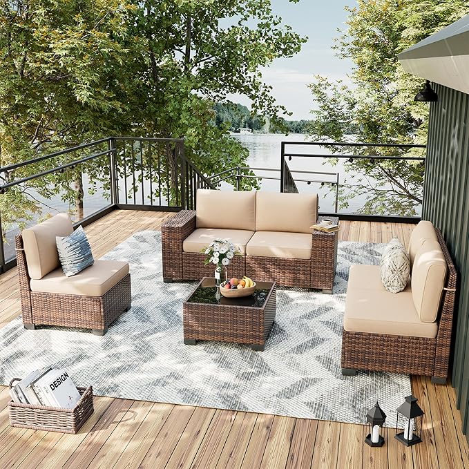 UDPATIO Patio Furniture Set, 8 Inch Armrest Patio Sectional Furniture, 6 Piece Wicker Outdoor Sectional Conversation Sets with Waterproof Cover and Coffee Table for Backyard Deck(Brown/Khaki)