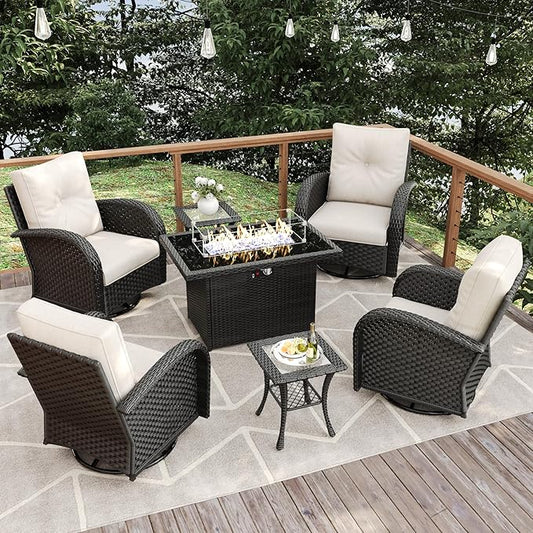 7 Pieces Patio Furniture Sets with Fire Pit Table, Wicker Rattan High Back Outdoor Swivel Rocking Chairs Set with Side Table