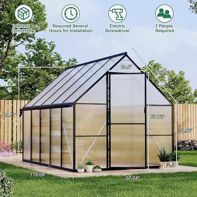 Polycarbonate Greenhouse for Outdoors, Large Walk-InGreenhouse with Quick Setup Structure and Roof Vent, Greenhouse with Ventilation and Rain Gutter