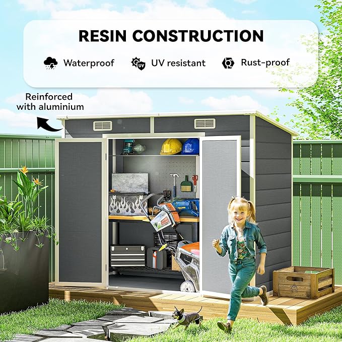 Outsunny 8' x 4' Outdoor Storage Shed, Plastic Shed with Vent, Window and Double Lockable Doors, Utility Resin Shed for Patio, Backyard, Lawn, Garage, Gray