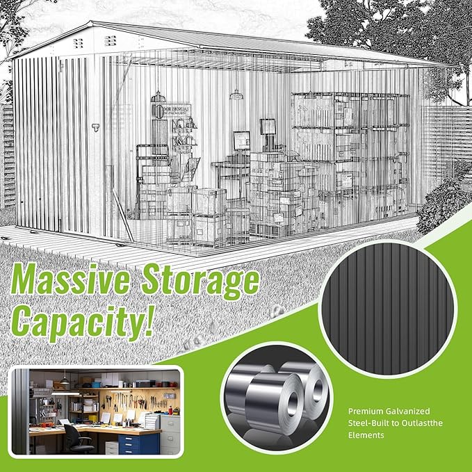 PABIMIA10X14 FT Outdoor Storage Shed, Durable Metal Outside Storage with Lockable Doors, Waterproof Storage Shed for Tools, Equipment, Ideal for Backyard Garden Patio Lawn