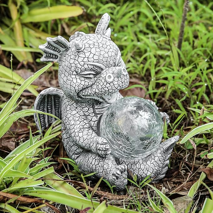 Jy.Cozy Garden Dragon Statue Solar Powered Outdoor Figurine Light Decor Cute and Hold Glowing Glass Ball Resin Sculpture Home Decoration for Porch Patio Lawn Farm Yard Housewarming Ornament Gift