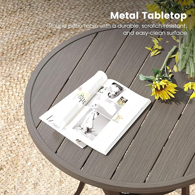 DIFY 27.6" Round Patio Dining Table, Outdoor Bistro Table with Rust Resistant Metal Frame, Ideal for Lawn, Backyard and Deck, Grey Wood-Like