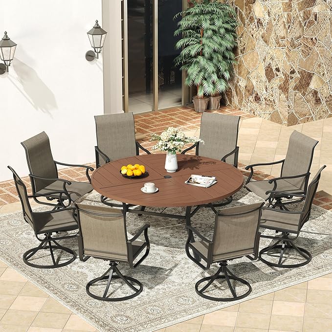 VICLLAX Round Patio Dining Table, 8-10 Person Metal Outdoor Dining Table with Umbrella Hole and Storage Shelf for Garden Lawn Deck, 60" Walnut