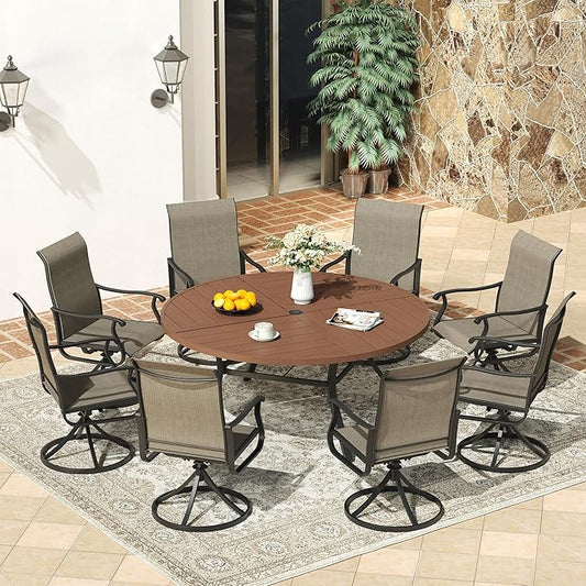 VICLLAX Round Patio Dining Table, 8-10 Person Metal Outdoor Dining Table with Umbrella Hole and Storage Shelf for Garden Lawn Deck, 60" Walnut