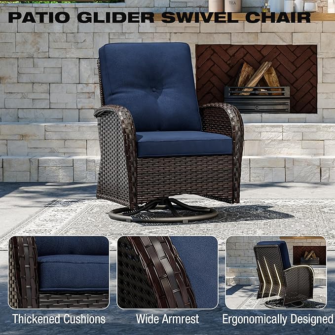 Joyside 9 Piece Patio Furniture Set, Outdoor Wicker Conversation Sets with Swivel Rocker Chairs and Sofa, Thick Cushion, Rattan Patio Sectional for Porch, Deck Use (Brown/Blue, 9 PCS)