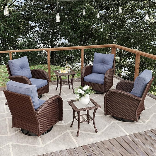 6 Pieces Patio Furniture Sets, Wicker Rattan High Back Outdoor Swivel Rocking Chairs Set with Side Table