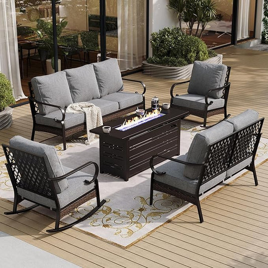 5 Piece Black Metal Outdoor Patio Furniture Sets with Firepit Table, Patio Conversation Sets 1 3-Seater Sofa, 2-Seater Sofa, 2 Rocking Sofa with 5.75" Cushion for Backyard Deck, Gray