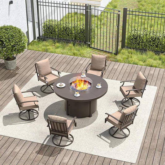 7 Pieces Patio Furniture Set with Round Fire Pit Table, Outdoor Conversation Sets 6 Swivel Chairs with Upgrade Cushions for Patio, Backyard Brown