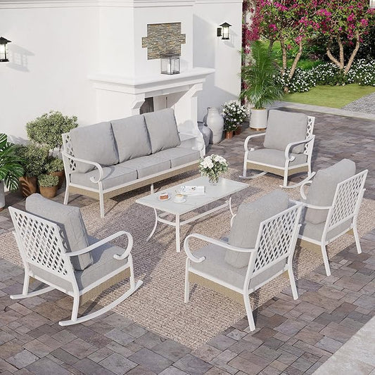 6 PCS Metal Outdoor Patio Furniture Set, Patio Conversation Set 1 3-Seater Couch, 2 Fixed Sofa, 2 Rocking Sofa with 5.75" Thick Cushion and Coffee Table White Backyard Furniture, Gray