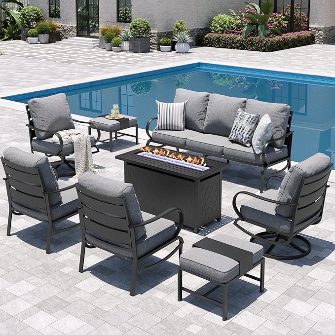Sophia & William Patio Furniture Sets for 9 with 45" Gas Fire Pit Table Outdoor Conversation Sets 8 Pcs, 2xSofa Chairs, 2xSwivel Cushion Chairs, 1x3-Seat Sofa, 2xOttomans for Porch Poolside Grey