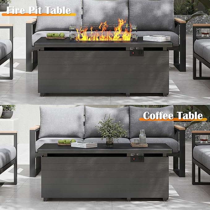 Sundale 51 Inch Outdoor Fire Pit Table, 50,000BTU Rectangle Propane Fire Pit with Sliding Tank Holder, Glass Wind Guard, Removable Lid, CSA Certified, Gray