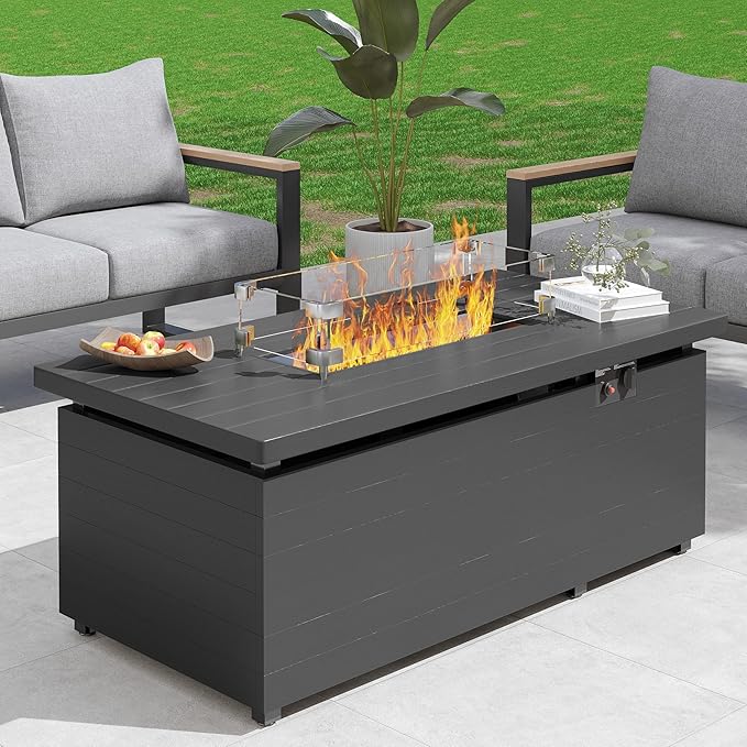Sundale 51 Inch Outdoor Fire Pit Table, 50,000BTU Rectangle Propane Fire Pit with Sliding Tank Holder, Glass Wind Guard, Removable Lid, CSA Certified, Gray