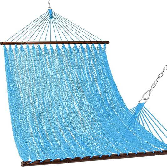 Lazy Daze Hammocks 10.5 FT Double 2 Person Caribbean Rope Hammock, Hand Woven Polyester Hammock with Spreader Bars, for Outside Outdoor Backyard Patio Poolside, 450 LBS Capacity, Sky Blue