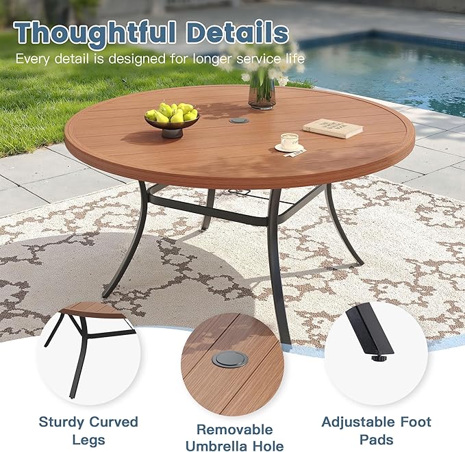 DIFY Patio Round Dining Table, 53" All Weather Round Outdoor Table with 1.57" Umbrella Hole for 8 Person, Perfect for Yard, Balcony and Lawn, Walnut