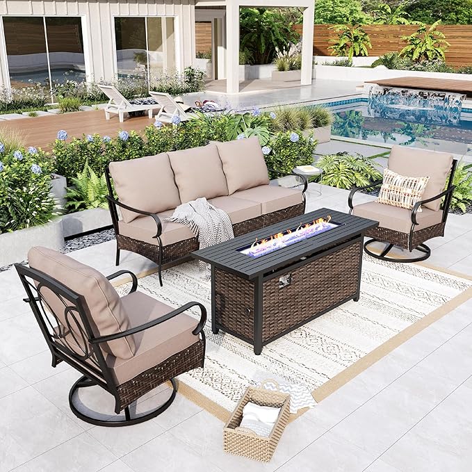 GREEN PARTY Extra Large Outdoor Patio Furniture Set with 56" Fire Pit Table 4 Pieces for 5, Modern Metal Patio Conversation Sets with High Back 3-Seat Sofa, 2 Swivel Chairs, 1 Fire Pit Table