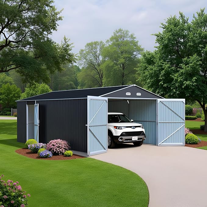 Metal Garage Shed 13x20 FT, Sheds & Outdoor Storage Clearance, Outdoor Storage Shed for Car, Truck, Bike, Lawnmower, Backyard Tool House Building 2 Doors and 4 Vents Dark Gray