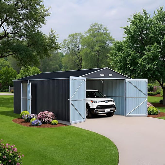 Metal Garage Shed 13x20 FT, Sheds & Outdoor Storage Clearance, Outdoor Storage Shed for Car, Truck, Bike, Lawnmower, Backyard Tool House Building 2 Doors and 4 Vents Dark Gray