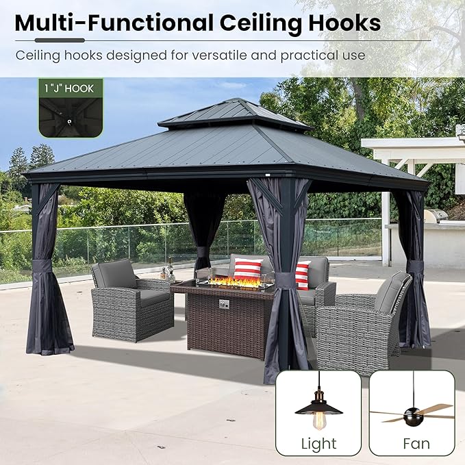 Domi 12' X 12' Hardtop Gazebo, Upgraded Metal Gazebo with Dual-Layer Resin Roof, Drainage System, Curtain and Netting, Outdoor Shelter Canopy for Patio, Garden, and Backyard, Grey