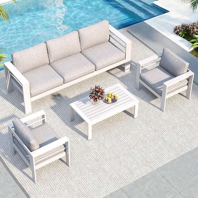 Solaste Aluminum Patio Furniture Set, 5 Seats Modern Outdoor Conversation Set Couch Sofa with Upgrade Cushion and Coffee Table, White