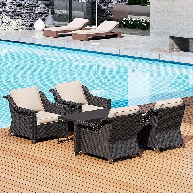 5 Pieces Outdoor Conversation Furniture Set - 4 PE Rattan Armchairs, 1 Metal Coffee Table, Patio Wicker Furniture Set with Water-Resistant Cushions for Swimming Pool, Sunroom (Beige)