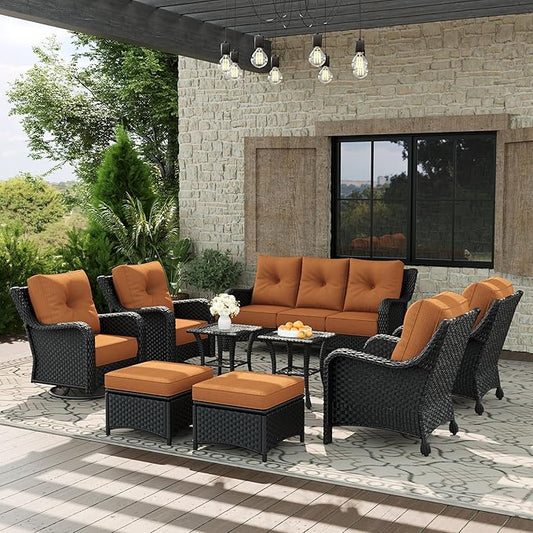 9 Piece Patio Furniture Set, All-Weather Wicker Outdoor Conversation Set with Swivel Rocking Chair and 6 Inch Thick Cushions