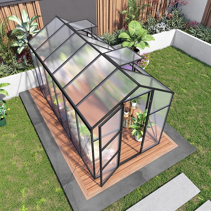 KEIKI 6x12 FT Polycarbonate Greenhouse for Outdoors, Durable Aluminum Walk-in Greenhouse with Gutter Drainage & Tall Growing Space for Plants, Black