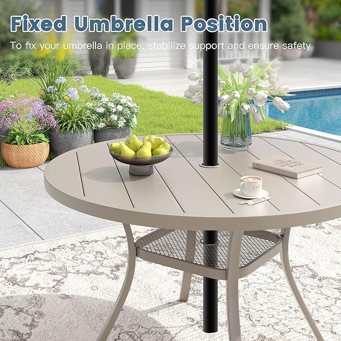 DIFY 48" Round Patio Dining Table for 6, Outdoor Metal Dining Table with 1.57" Umbrella Hole for Backyard Lawn Garden, Sandshell