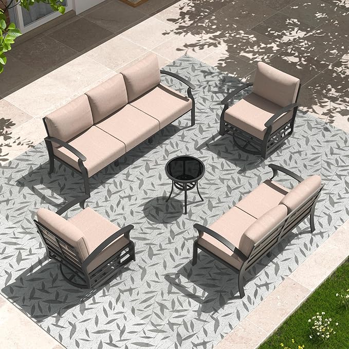 Aluminum Patio Furniture Set, 7 Seats Outdoor Patio Conversation Set with Swivel Chair Modern Metal Patio Sectional Sofa with Upgrade Cushions for Patio, Backyard Sand